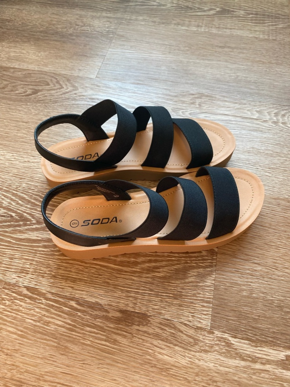 Soda Black Strappy Sandals with Tan Footbed
